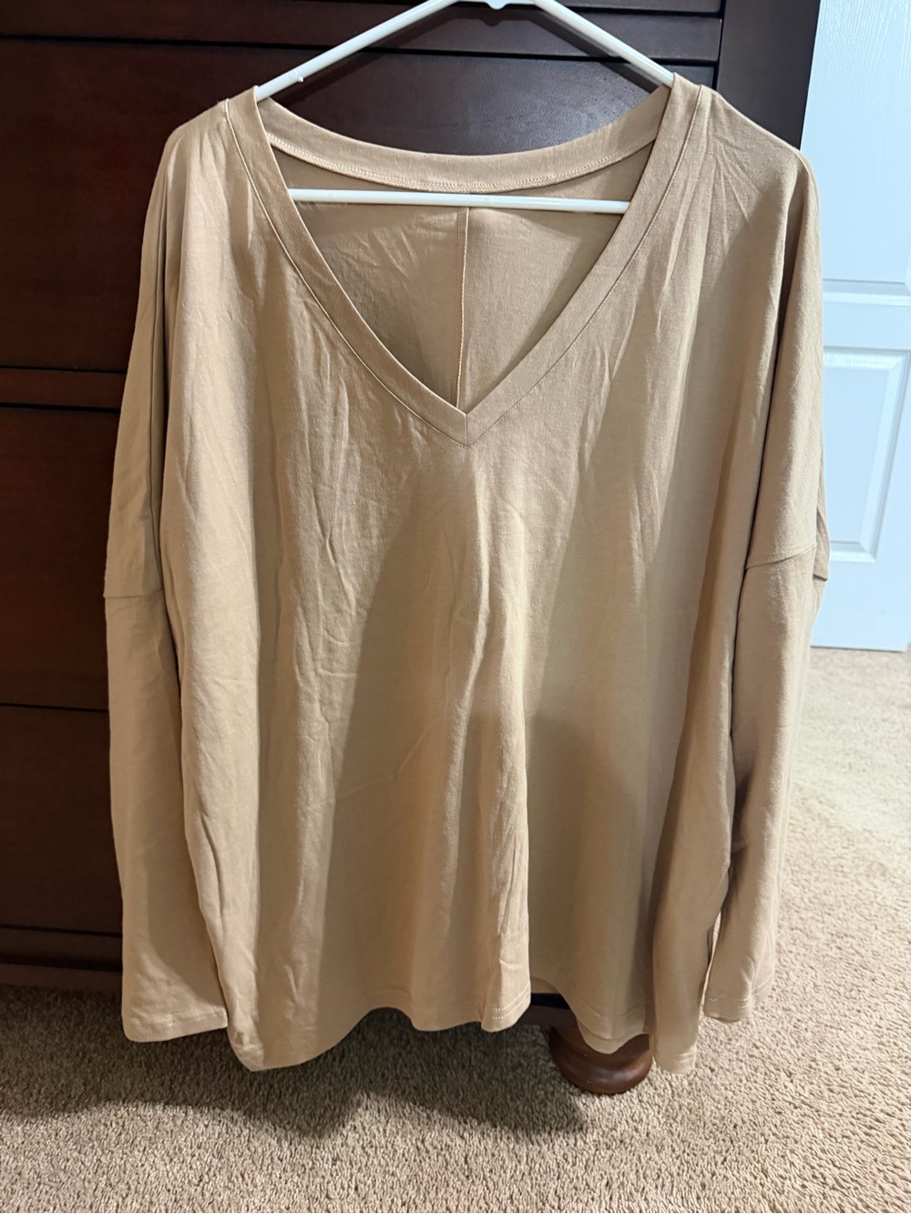Women's V-Neck Long Sleeve Top - Beige size M
